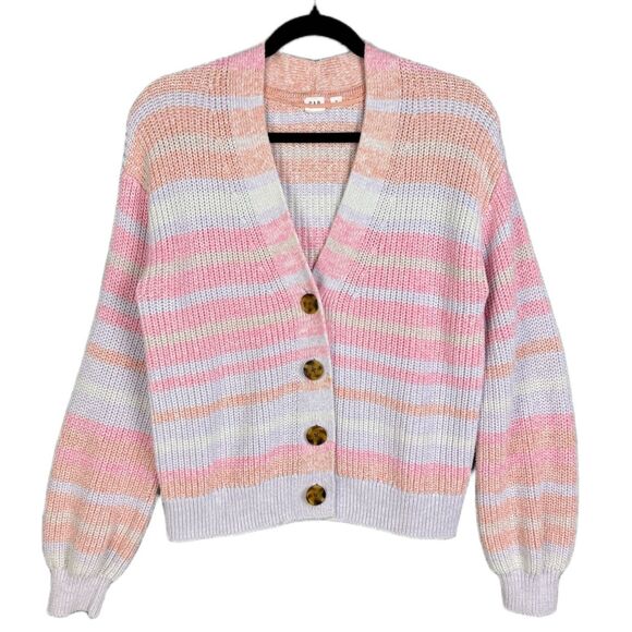 Gap Pastel Rainbow Stripe Chunky Knit V Neck Button Up Cardigan Sweater Small - Picture 1 of 8